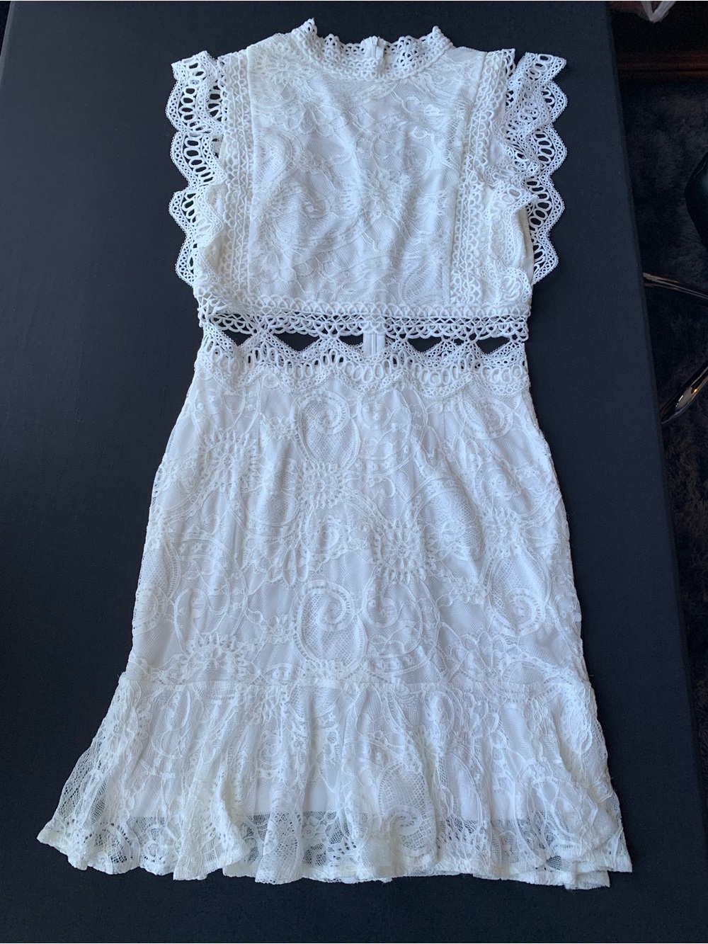 Double Crazy White Lace Crochet Cutout Ruffle Mini Dress Size M